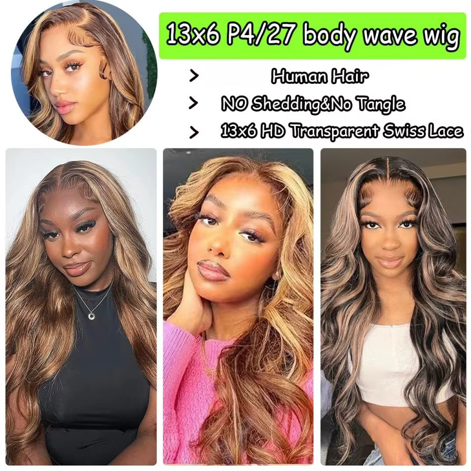 Perruques Ombrées Highlight Body Wave en Cheveux Humains, Perruque Frontale HD Lace 13x4 13x6, Densi