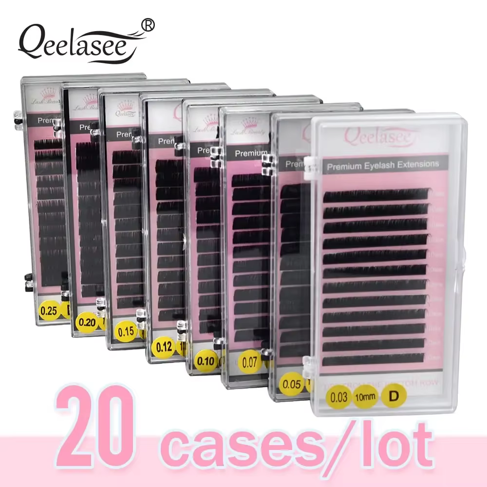 Lot de 20 faux cils individuels noirs mélangés toutes tailles, en soie de vison, fabriqués en Corée