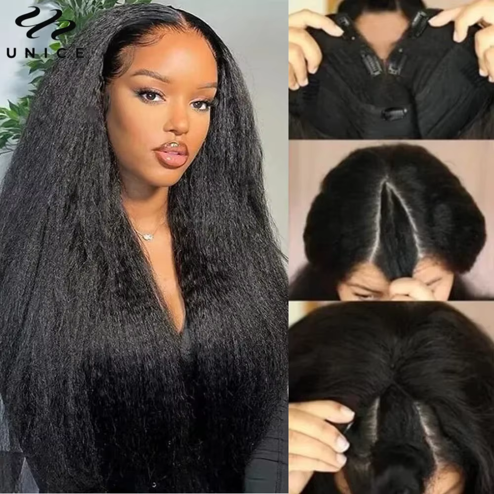 UNice InvisiBlend ™ Perruque Kinky Straight V Part avec cordon de serrage, noir naturel, 100% chev