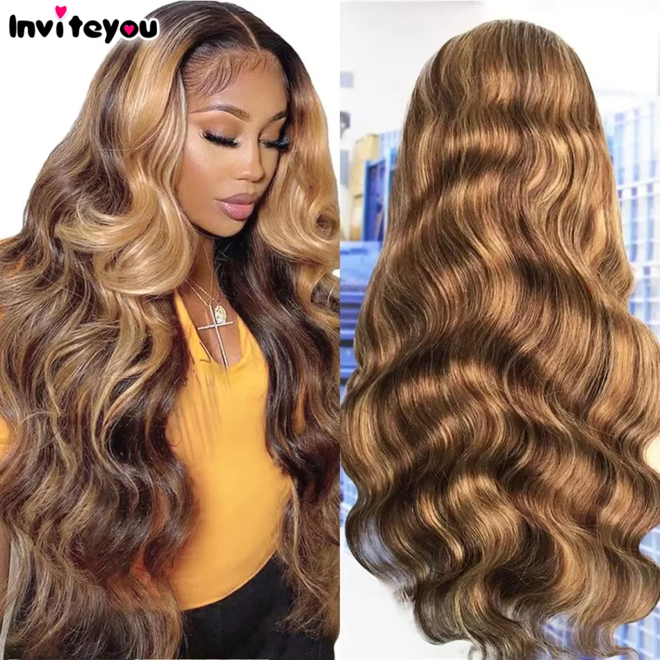 Perruque Lace Frontale 13x4 13x6 HD Highlight Body Wave pour Femme, Cheveux Humains Remy Ombrés P4/2