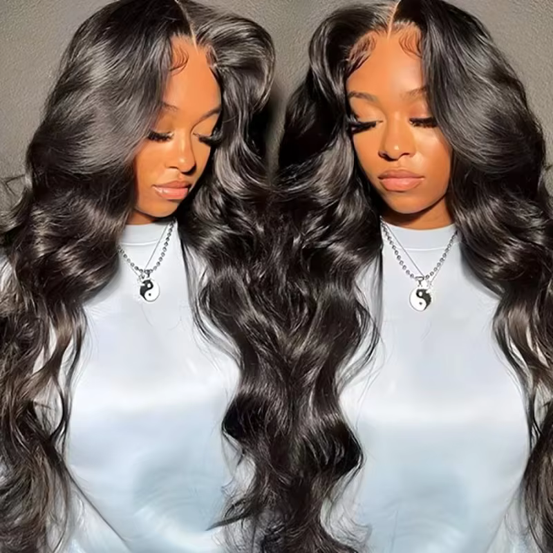 Perruque Lace Frontal Wig naturelle brésilienne, cheveux humains, Body Wave, noir naturel, 13x4 HD, 