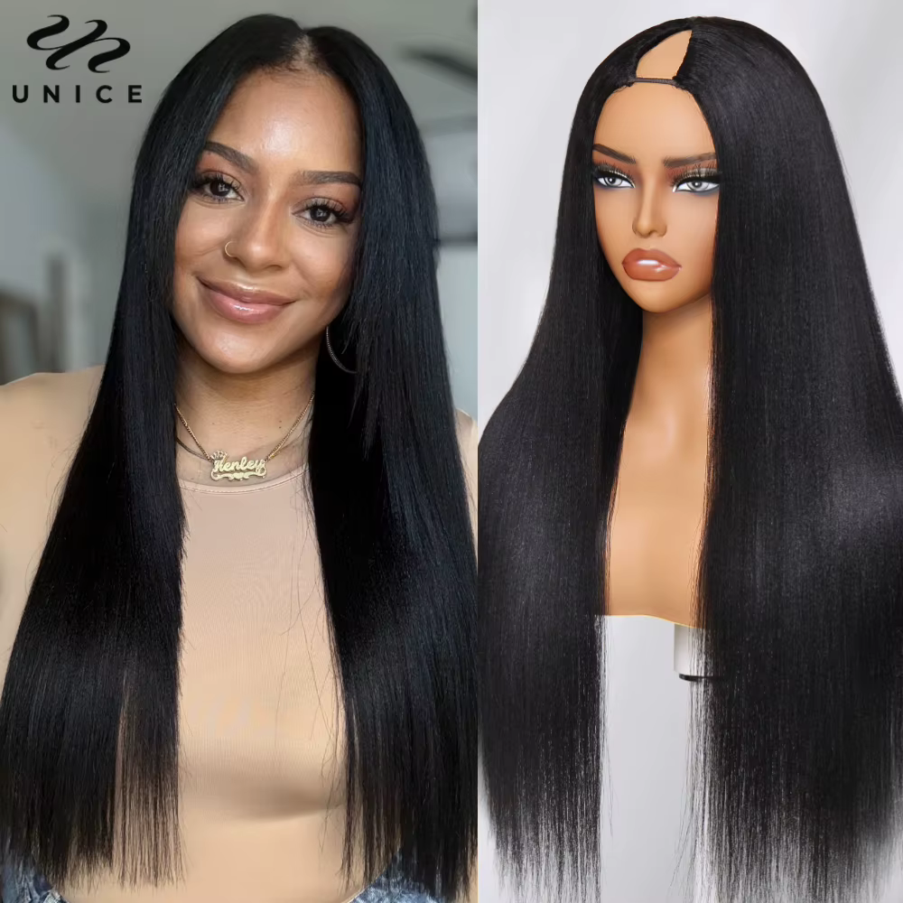 Perruque Yaki Straight V Part UNice 100% cheveux humains avec cordon de serrage