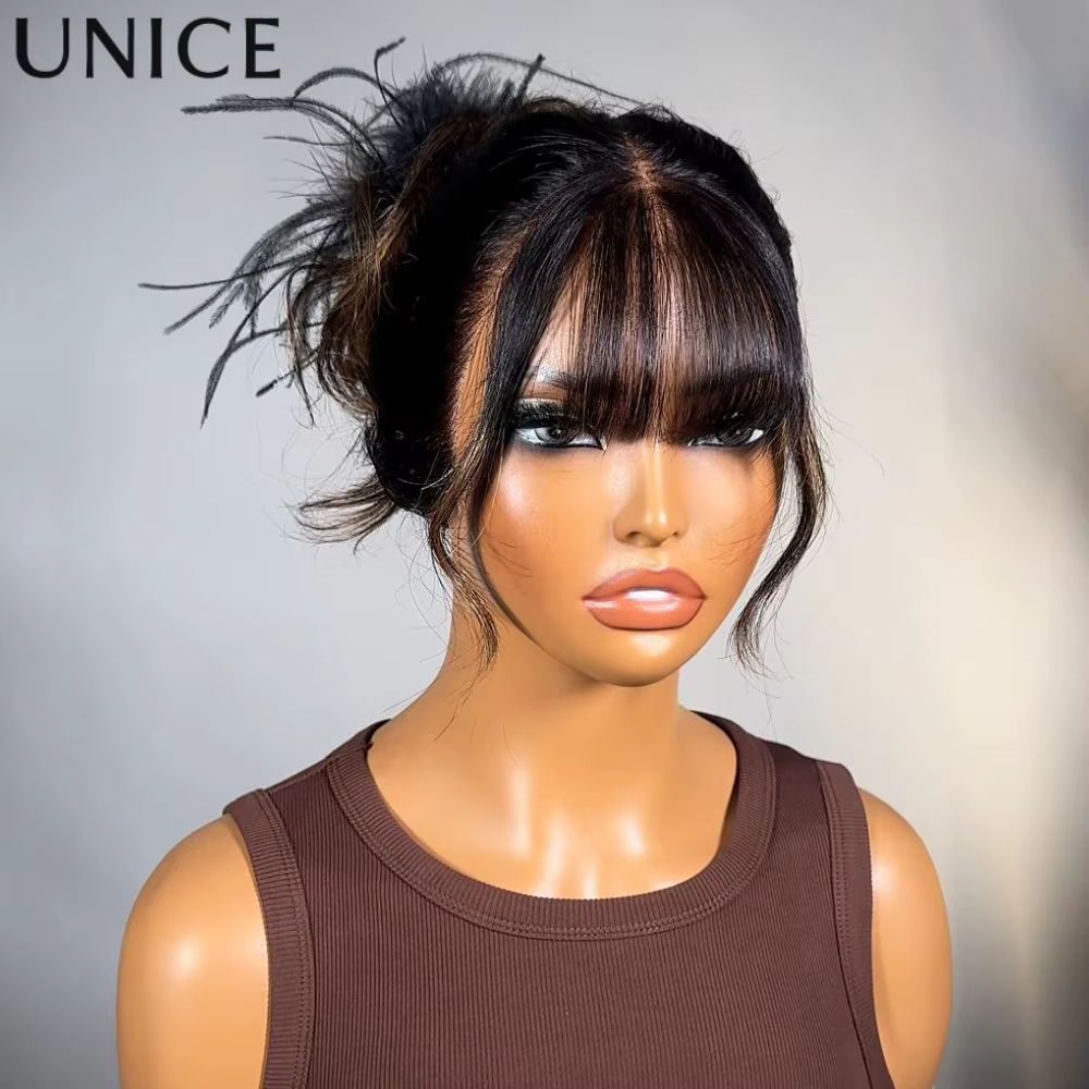 UNice cheveux Balayage met en évidence moelleux vague lâche rideau frange perruque avec cordon sans