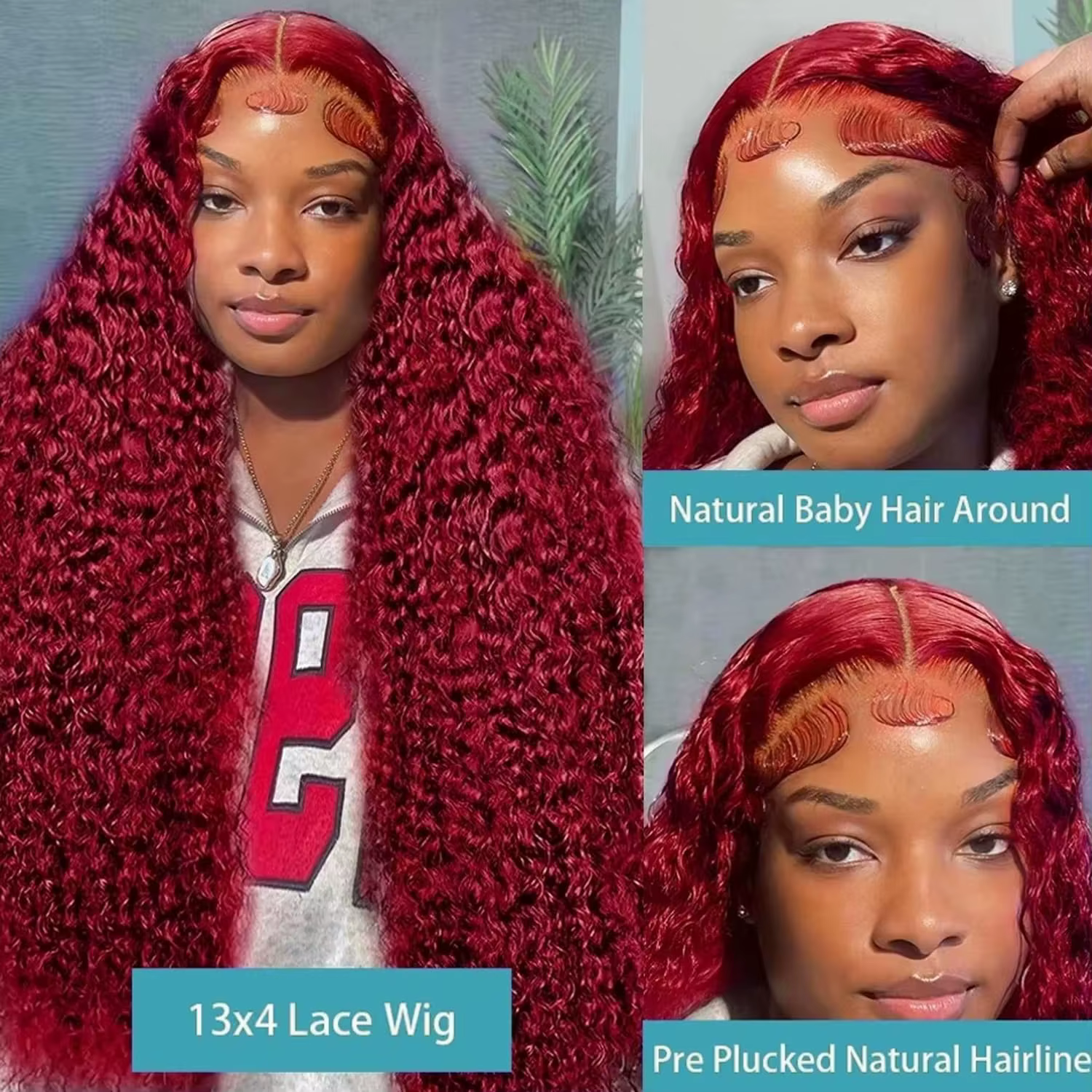 Perruque Lace Frontale Cheveux Humains Bouclés Bordeaux 99j Ondulés Profonds 30-40 Pouces, Densité 2