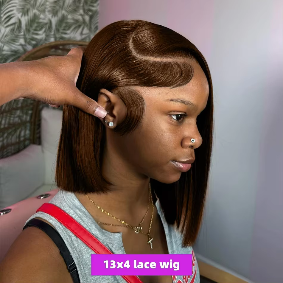 Perruque courte et droite brune, coupe bob, 13x4, 4x4, avec dentelle frontale HD, 100% cheveux humai