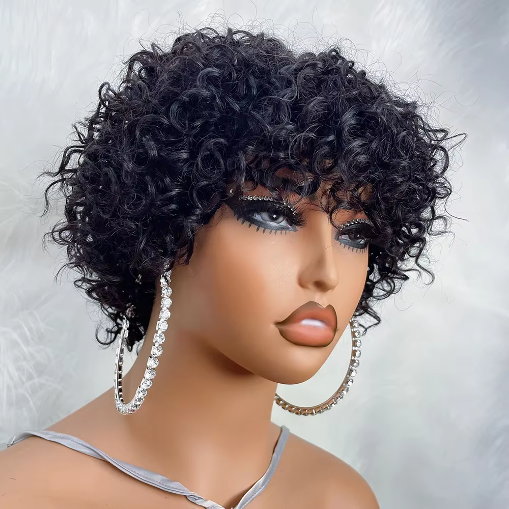 Perruques de cheveux humains coupe lutin pour femmes Afro Rose bouclés Funmi perruques sans colle av