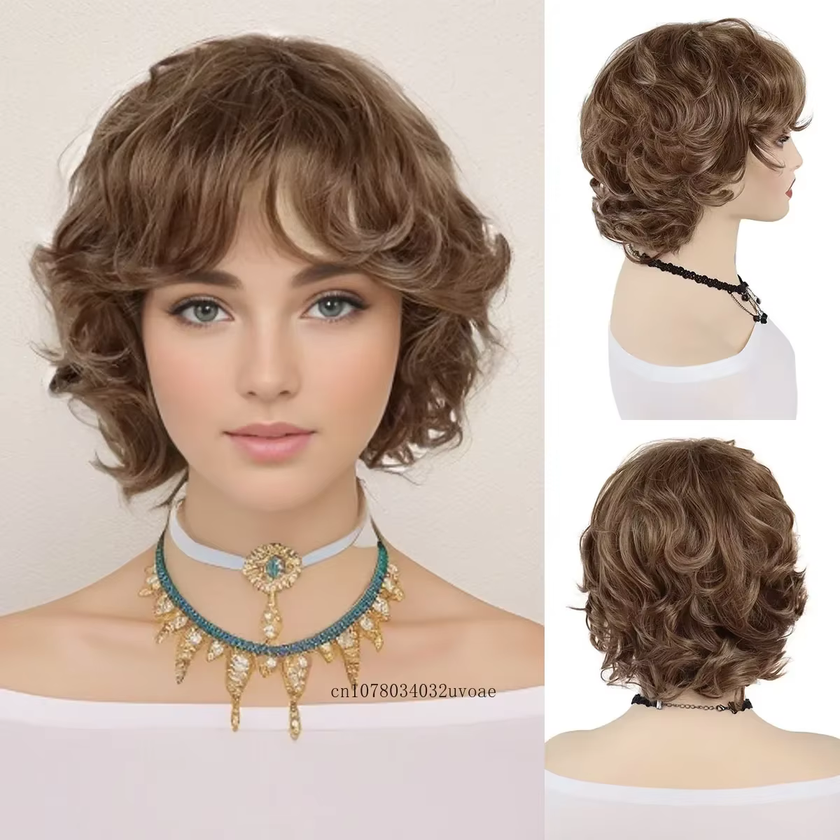 Perruque Synthétique Courte Bouclée et Brune avec Frange, Coiffure Coréenne, Mignonne et Crépue, pou