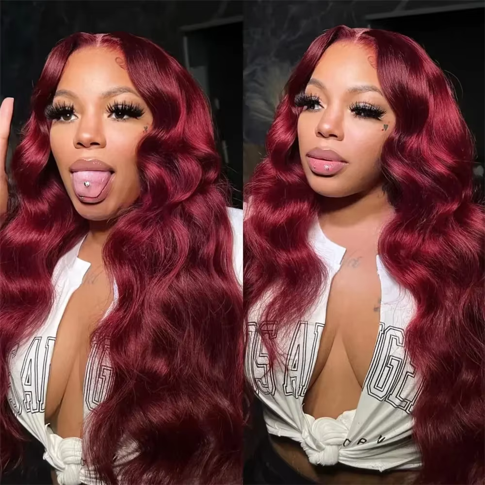 Perruques Lace Front Body Wave 13x6 en Cheveux Humains pour Femmes, Perruques Lace Front 99j Bordeau