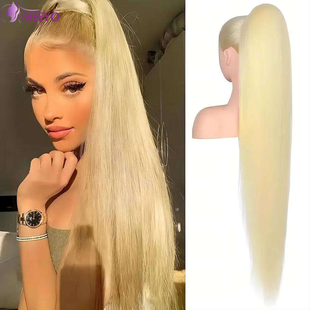Extensions de cheveux humains queue de cheval longue et droite # 613 pince droite blonde de queue de