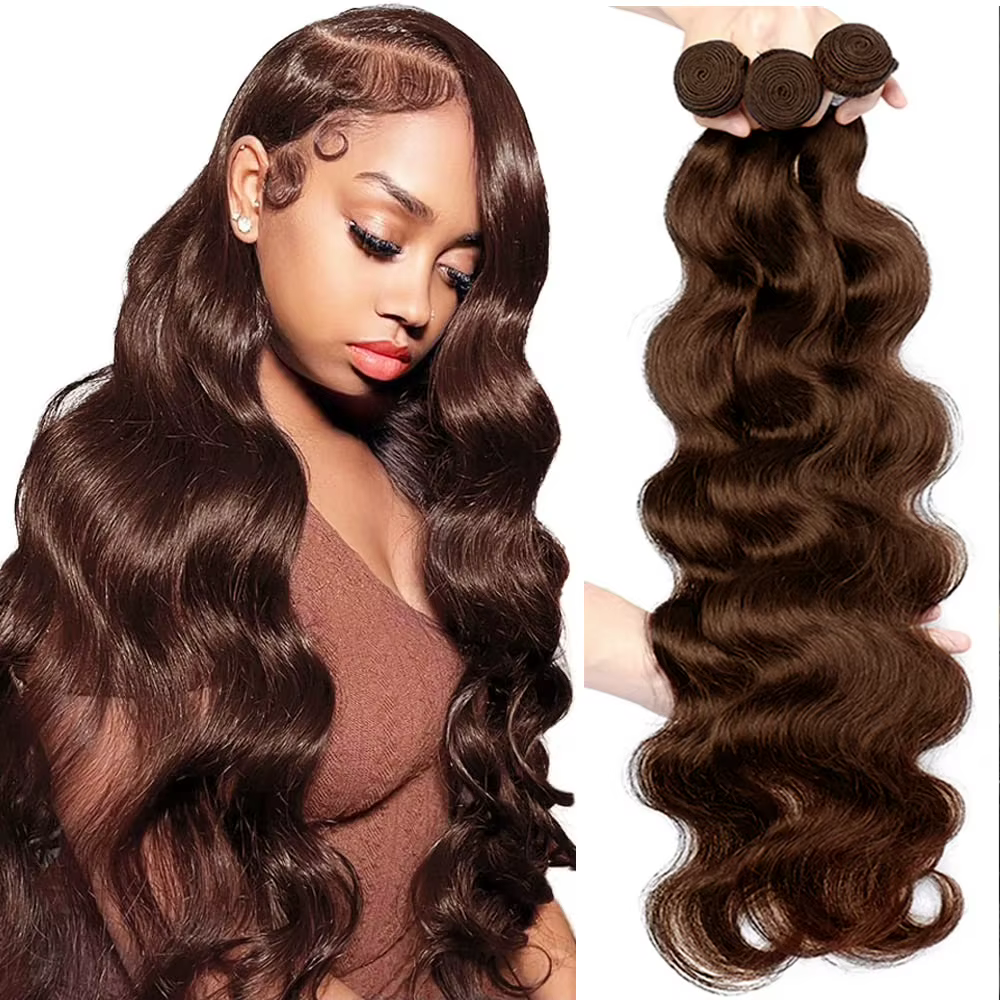# 4 Bundles de Cheveux Humains Ondulés Brun Foncé 1/3 Pièces, Extensions de Cheveux Remy Brésiliens