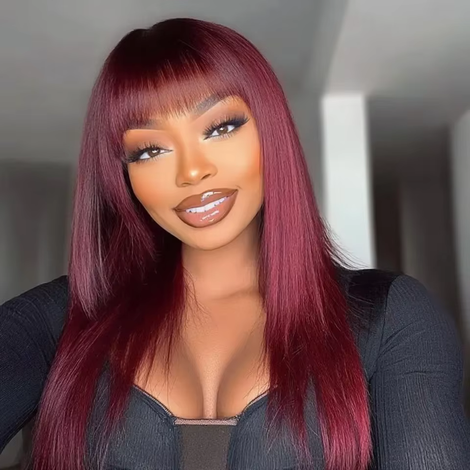 Perruque de cheveux raides rouge vin 99j avec frange longue perruque de cheveux humains soyeux pour