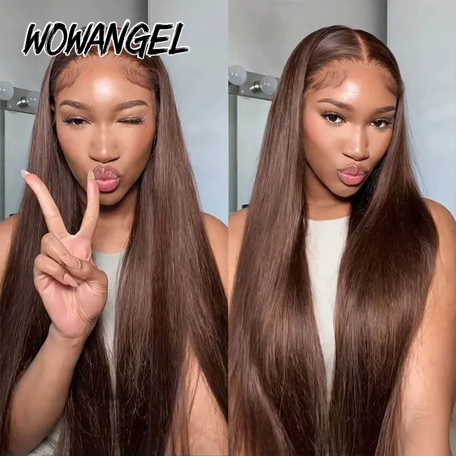 WOWANGEL Perruques en cheveux humains lisses brun chocolat, Lace Frontale Complète HD 13x6, Pré-épil