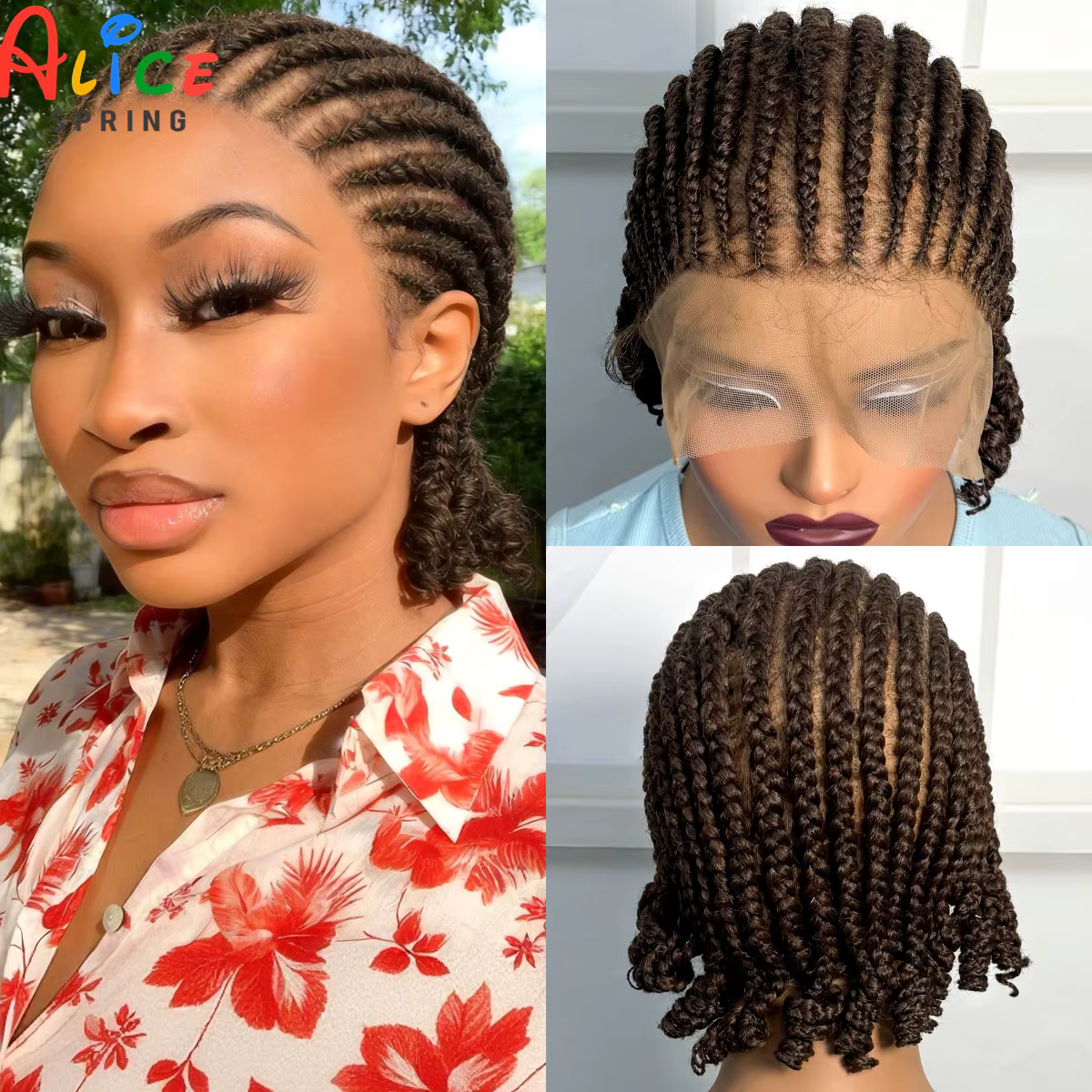 Perruque courte tressée ombrée style cornrow, perruque synthétique pleine dentelle tressée avec chev