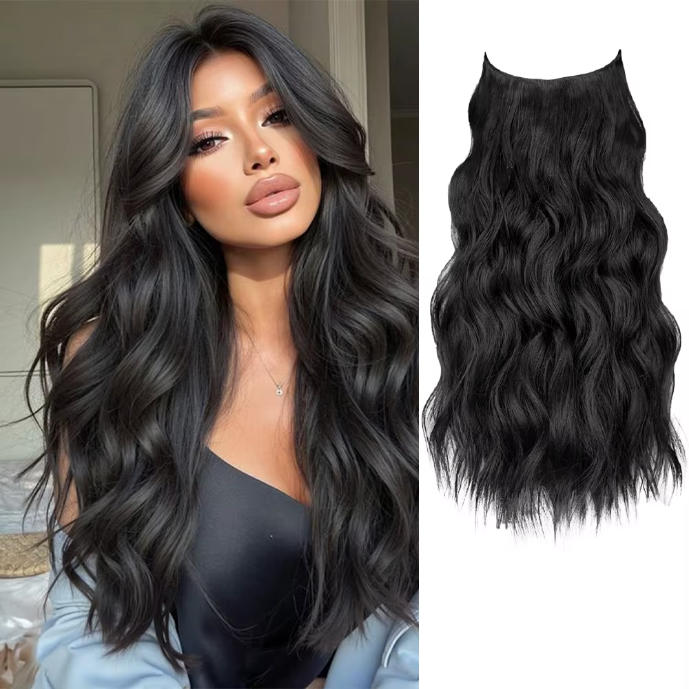 Extensions de cheveux synthétiques ondulées longues noires de 20 pouces avec fil invisible, extensio
