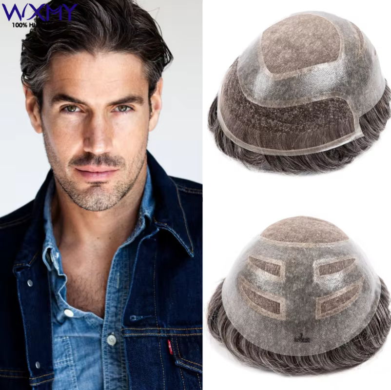 Toupet hommes perruque mâle cheveux prothèse Versalite Mono & Pu avec suisse dentelle avant 100% per