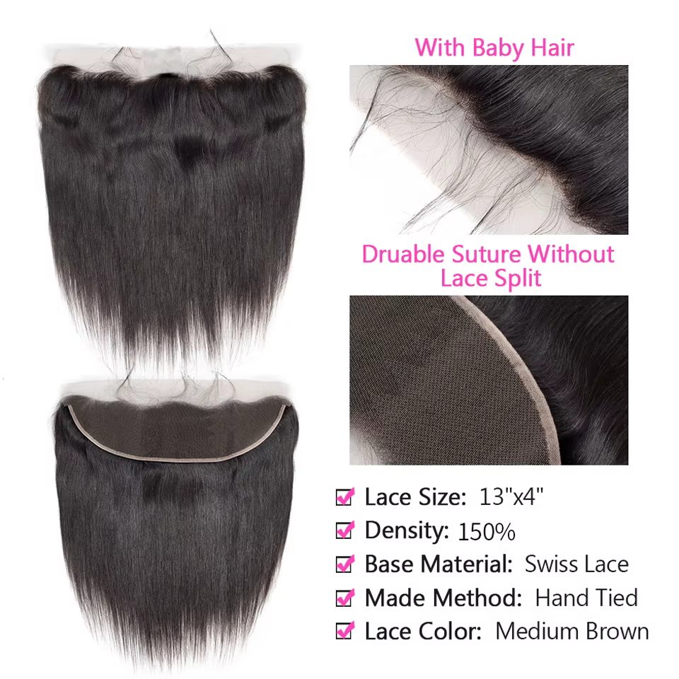 Extensions de cheveux humains lisses en lots de 28, 30, 32 pouces avec frontal en dentelle 13x4, tis