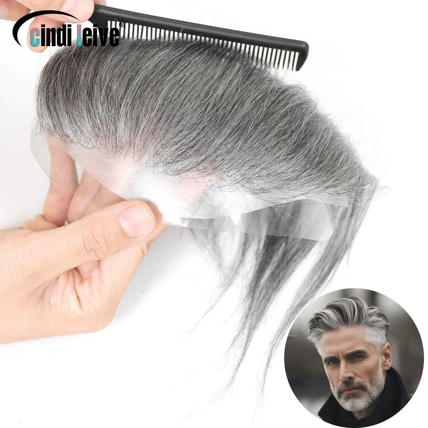 Toupet gris pour hommes postiche humaine 0.06mm peau Ultra mince Style V ligne de cheveux frontale p