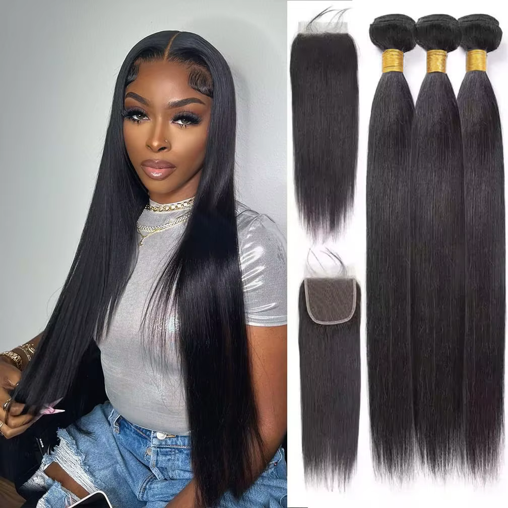 Extensions de cheveux humains brésiliens lisses, 3 mèches avec closure HD 4x4 pré-épilée, couleur no