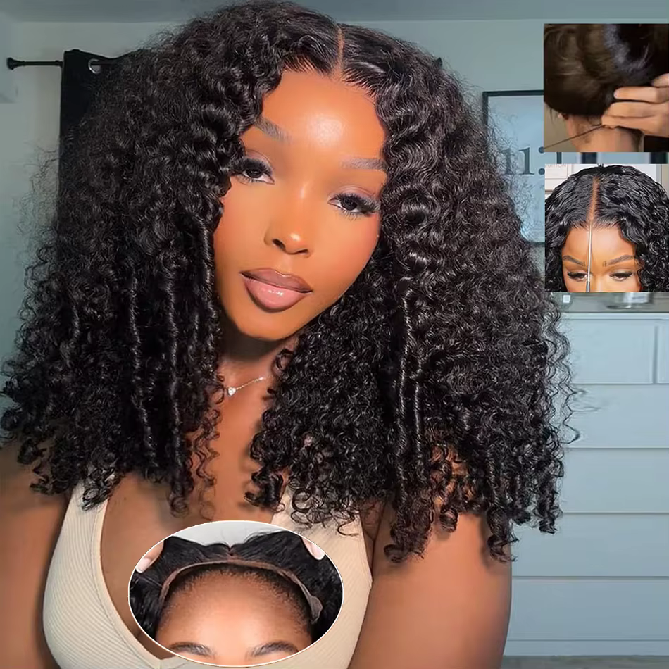 100% Double dessiné cheveux birmans bouclés sans colle dentelle fermeture perruques 250 densité rebo