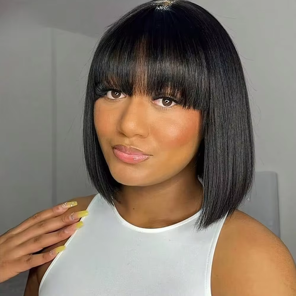 3X1 Middle Part Lace Wig Bob Wigs Full Machine Made Bone Straight Human Hair Wigs With Bangs Short B