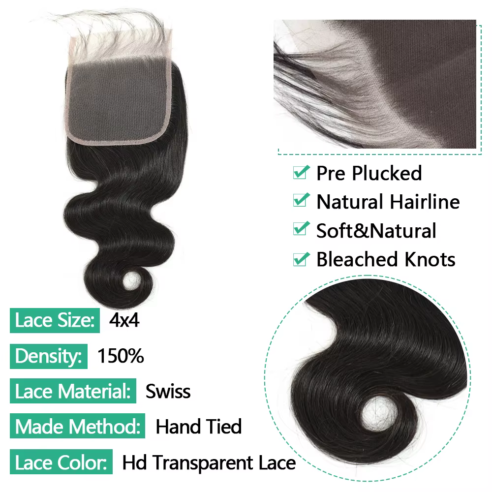 Extensions de cheveux humains 100% Remy avec closure en dentelle 4x4 5x5, mèches de cheveux humains