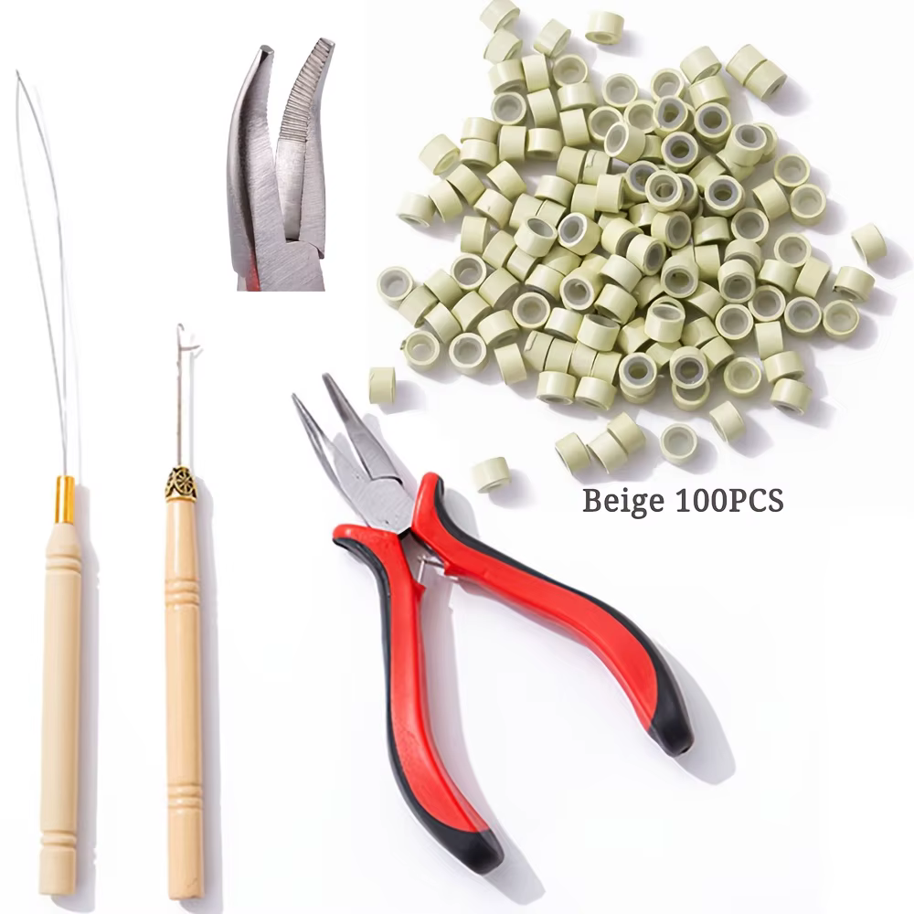 Kit d'extension de cheveux, comprenant 100 perles d'extension de cheveux en 3 couleurs avec pinces à