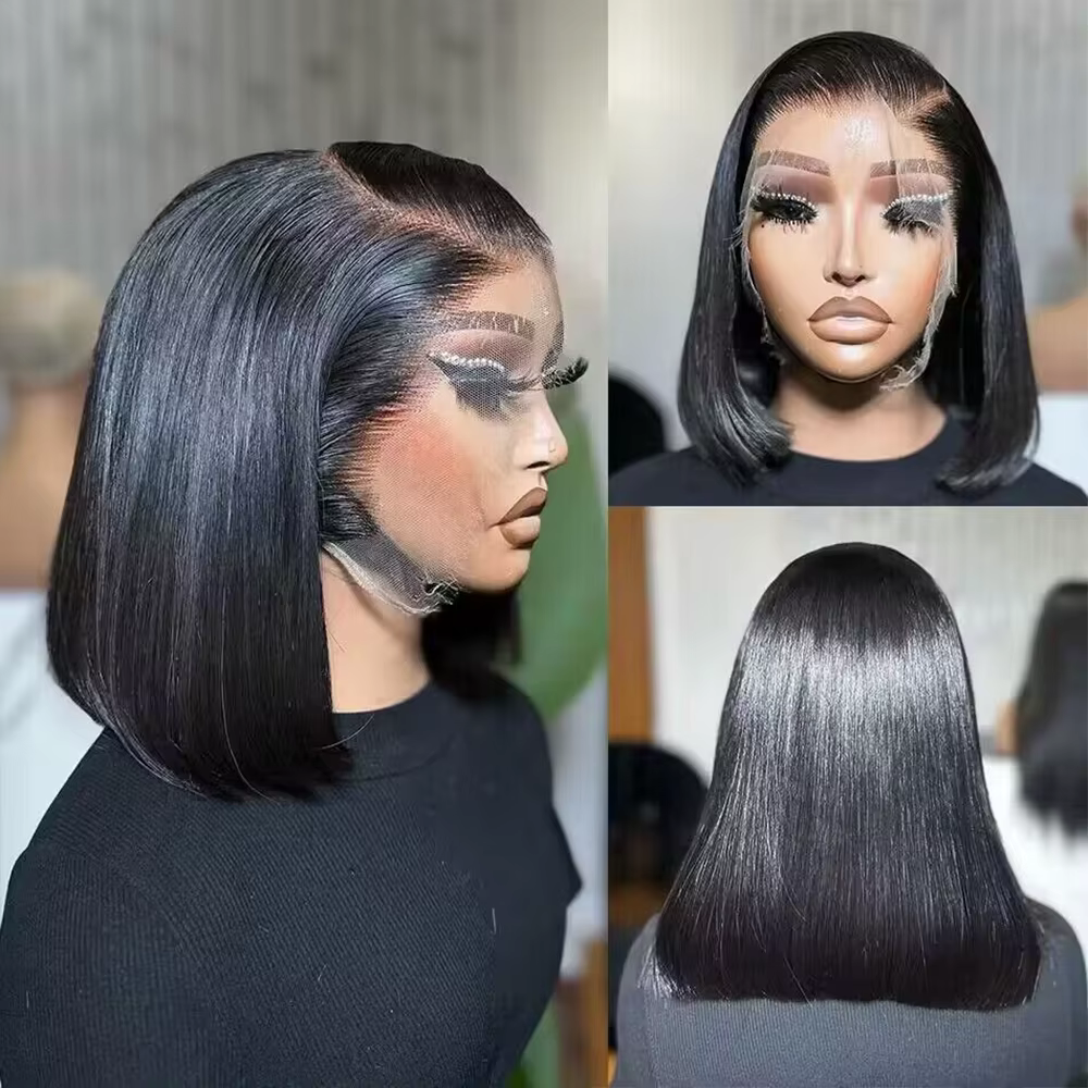 Perruque Bob en cheveux humains, densité 200%, Lace Frontal HD 13x4, courte et droite, pré-épilée, p