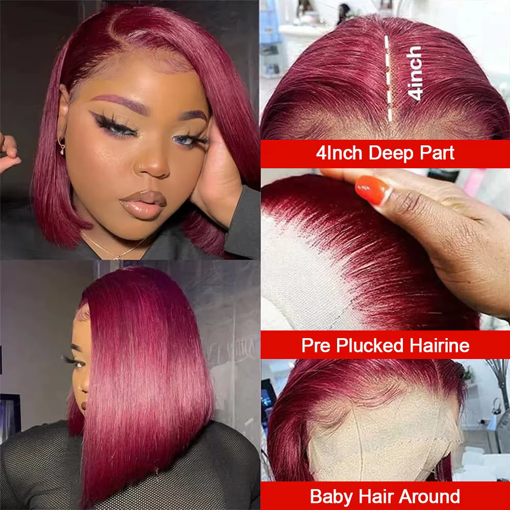 Perruque Bob Droite Cheveux Humains Perruque frontale en dentelle 13x4 HD 99J Perruque de cheveux hu