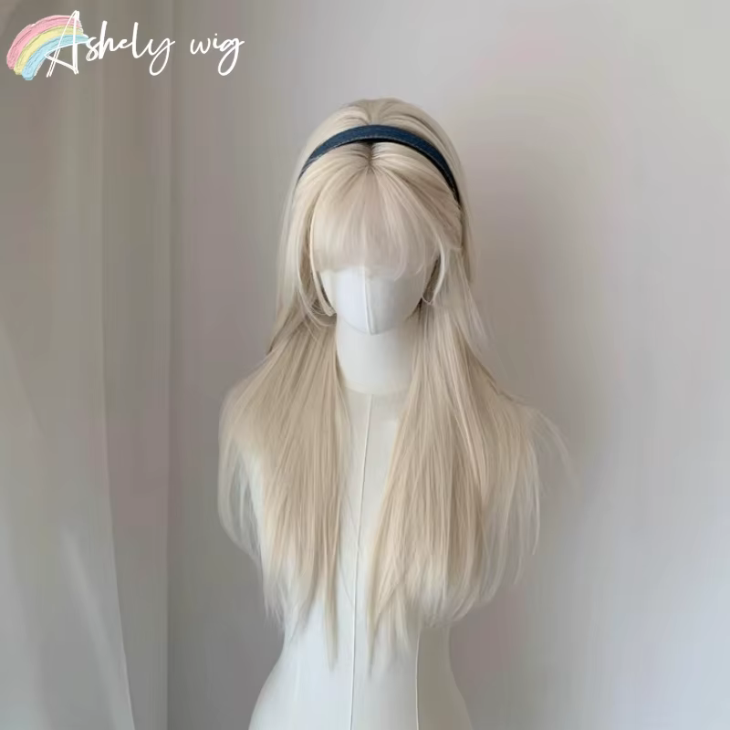 Perruque en platine pour femmes, 26 pouces, longue, droite, avec bandeau, perruque blonde avec frang