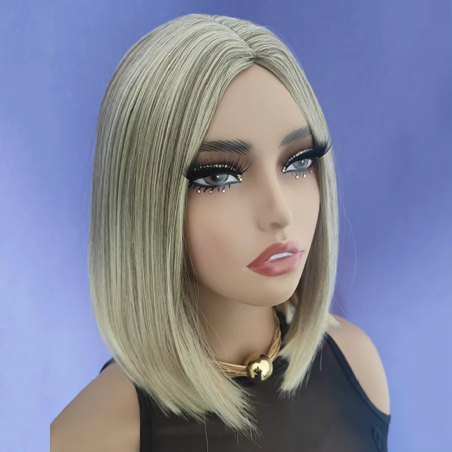 Perruque Bob pour femmes, cheveux synthétiques courts et lisses avec reflets blonds, partie centrale