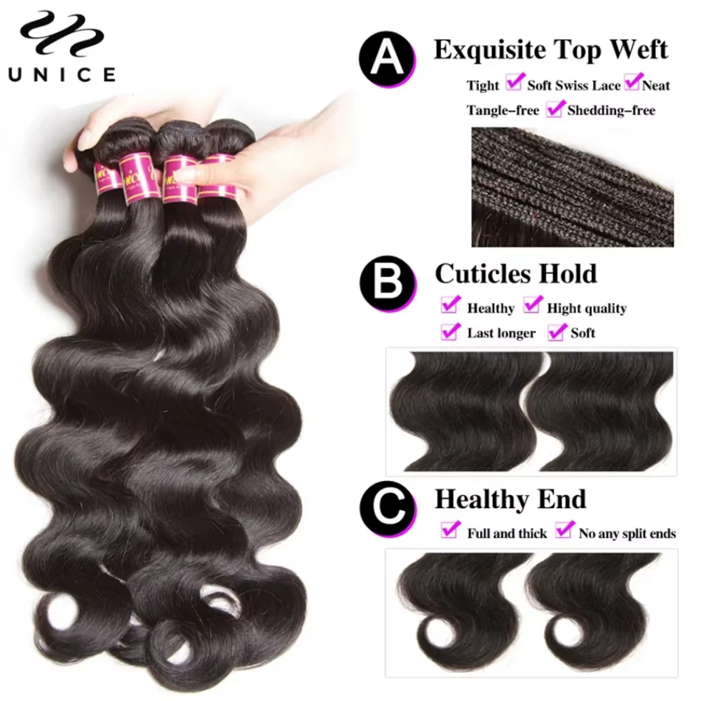 Mèches 100% naturelles Body Wave-UNice Hair, cheveux humains, avec closure, 4x4 pouces, document nat