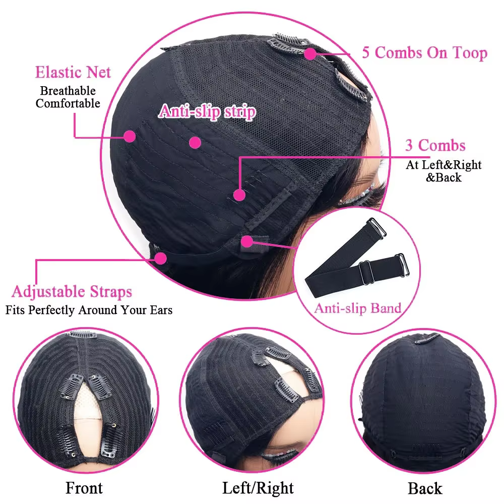 Perruques de cheveux humains lisses avec partie en V pour femmes, cheveux Remy brésiliens, couleur n