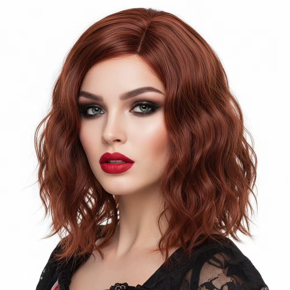 Perruque Bob brune courte ondulée pour femme avec partie latérale, synthétique résistante à la chale