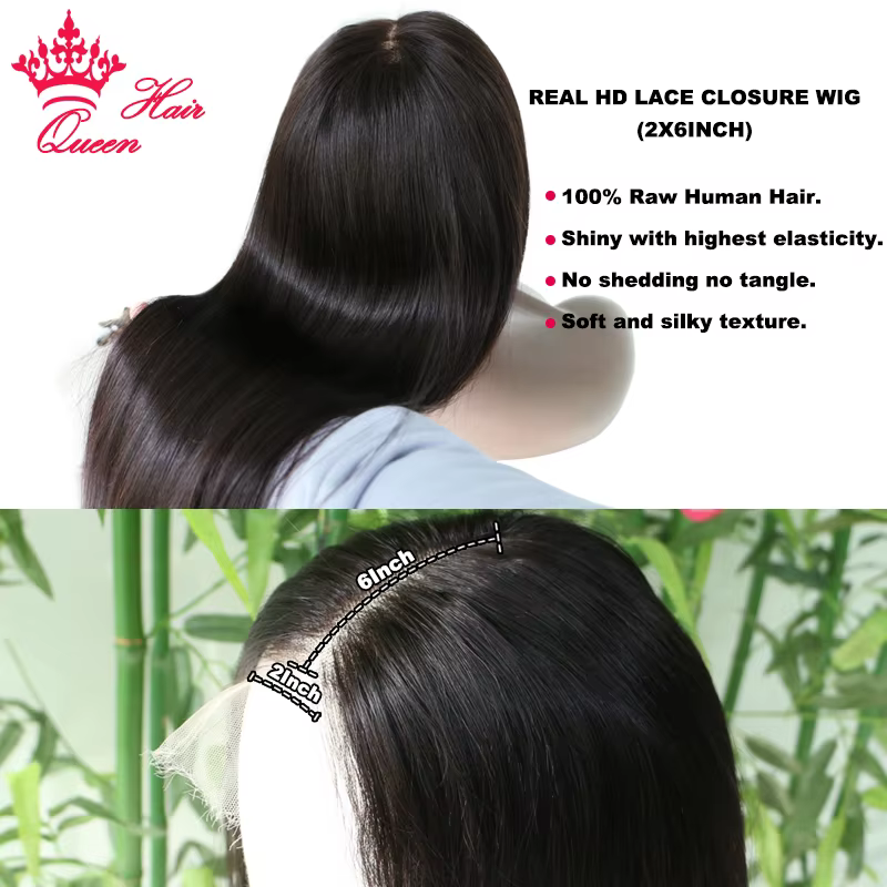 Queen Hair Bone Straight HD 2x6 Lace Closure Wig Kim K Deep Part Lace Raw Human Hair HD Invisible La