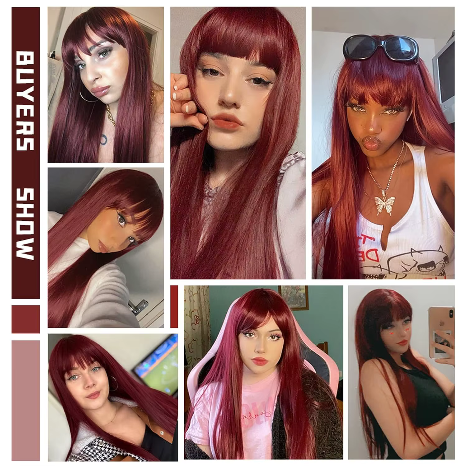 Perruque Synthétique Rouge Vin Clair avec Frange pour Femme, Cheveux Longs et Lisses, Cosplay Nature