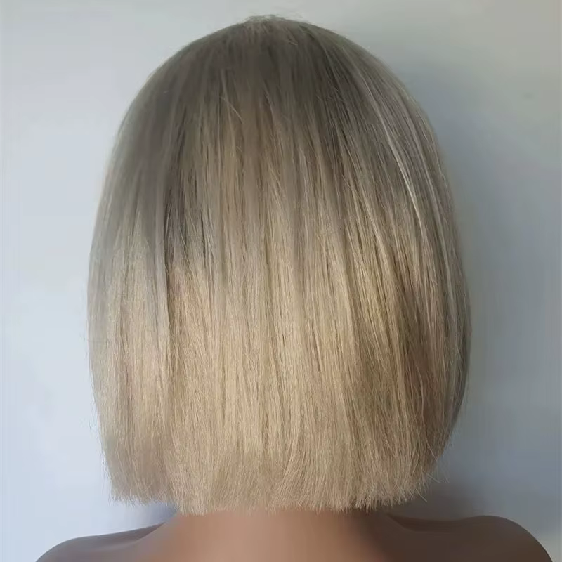 Perruque Bob Lace Frontal Wig synthétique courte et lisse, blond platine ombré, perruque Lace Fronta