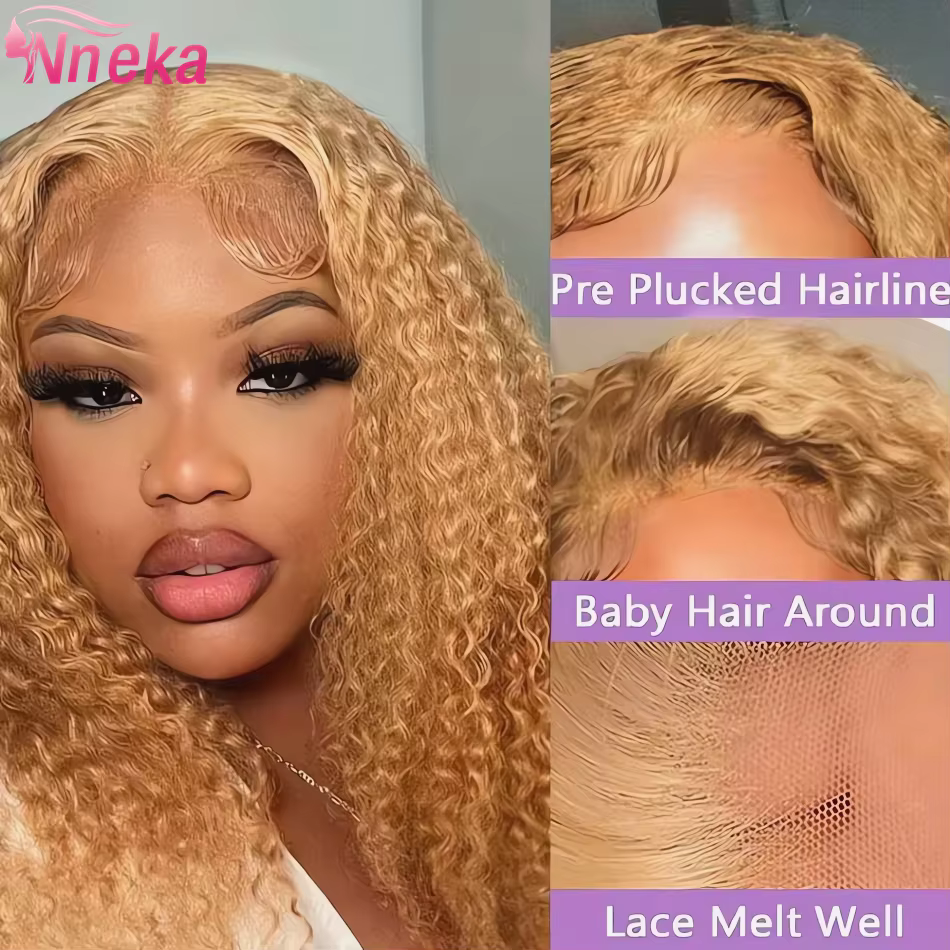 Perruque Lace Front Wig naturelle bouclée blond miel, cheveux humains, Deep Wave, 13x6, 13x4, Hd, po