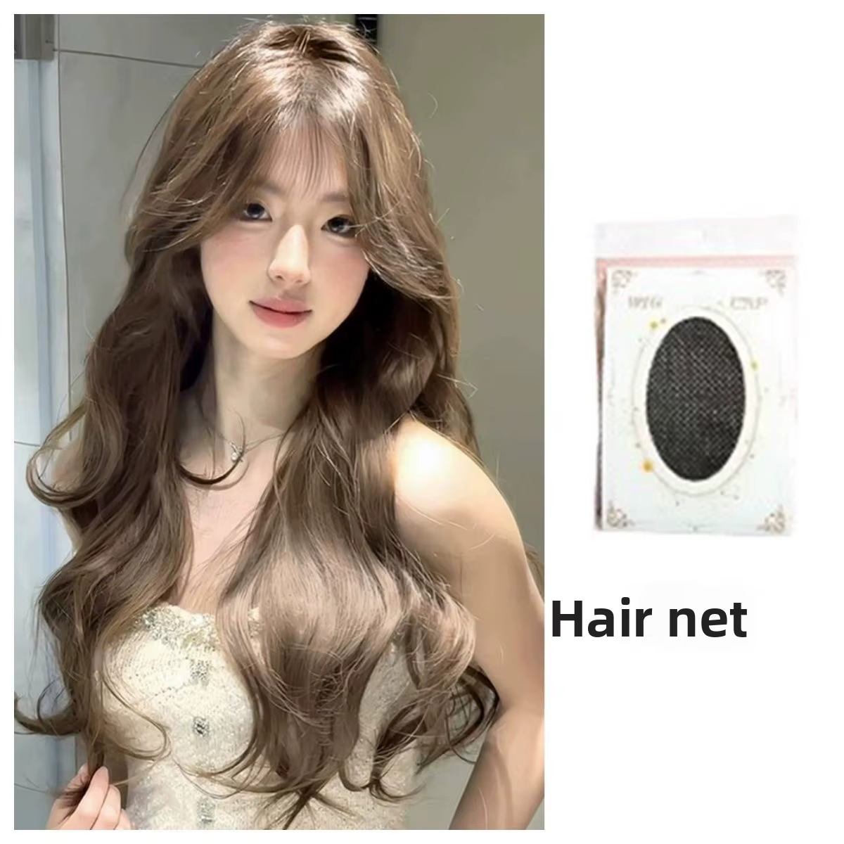 Perruque longue ondulée naturelle avec frange effilée, brun thé au lait, cheveux synthétiques résist