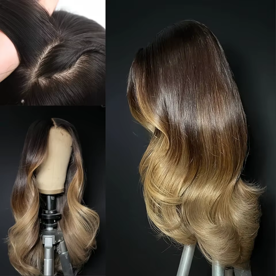 Perruque en cheveux humains juives sans colle, longue, blonde ombrée, 24 pouces, ondulée douce, base