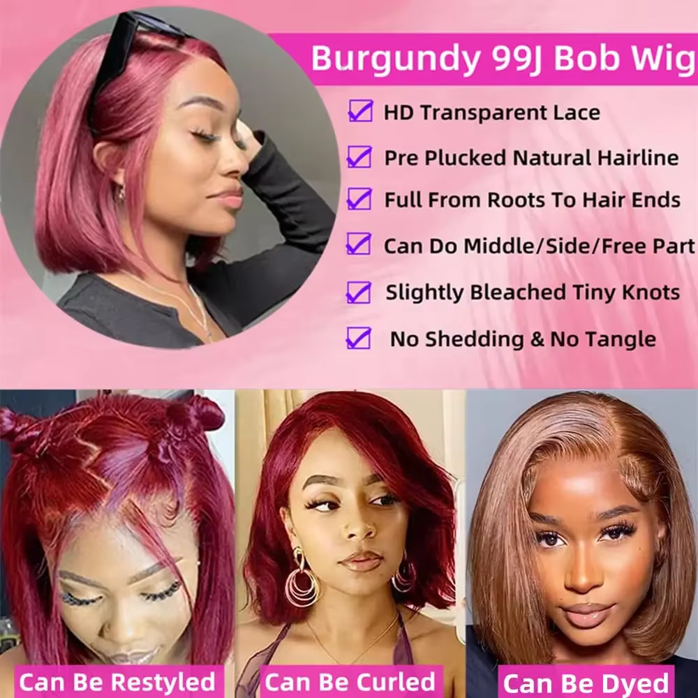 Perruque Bob 99J bordeaux lisse en cheveux humains, perruques Lace Front 13x4 HD transparentes, perr