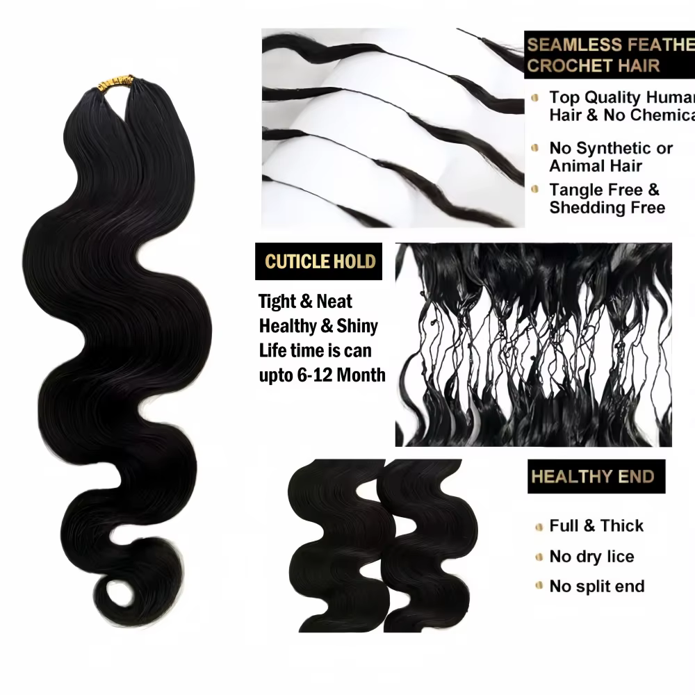 Extensions de cheveux humains en crochet Body Wave pré-séparées, sans nœuds, avec fil invisible, noi