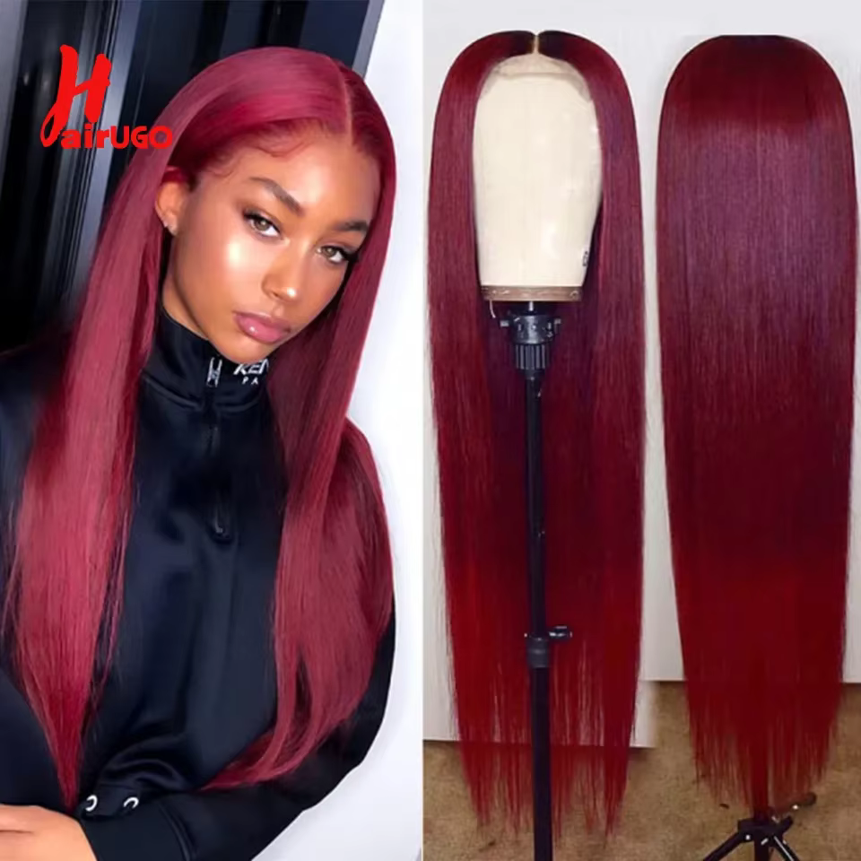 HAIRUGO − Perruque brésilienne naturelle, cheveux lisses, bordeaux, 99J, 13x4, avec bonnet en dentel