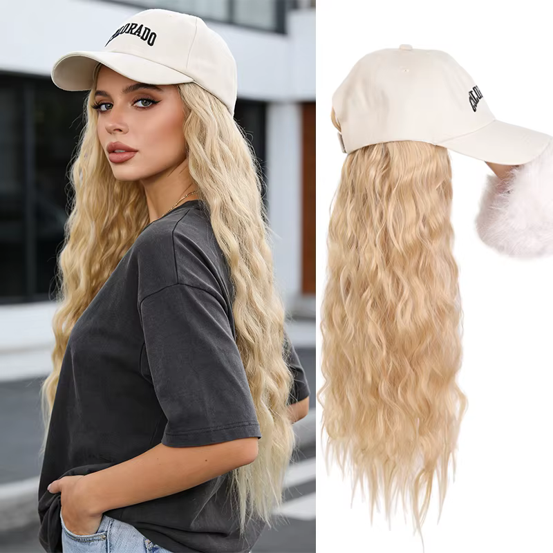 Perruque tressée style Box Braids avec casquette de baseball beige – Perruque-chapeau en fibre synth