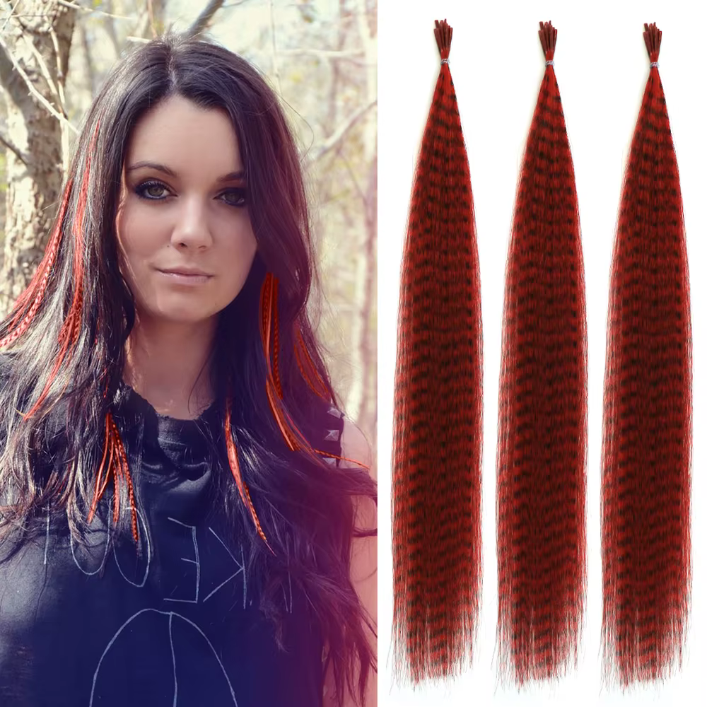 Extensions de cheveux synthétiques colorées à rayures en plumes, 16 pouces, I Tip, pour fête, cospla