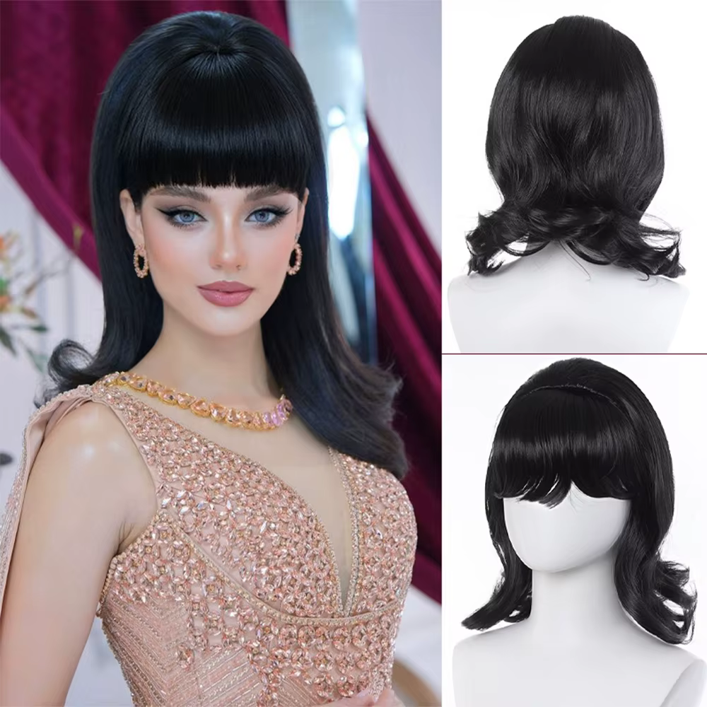 Perruque rétro brune pour femmes, années 50, 60, 70, avec frange, pour fête costumée d'Halloween, ch