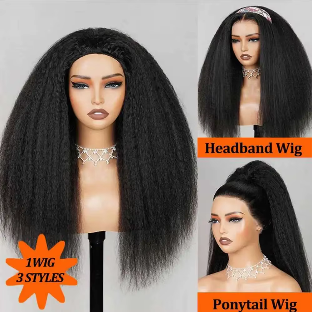 Perruque mi-tête noire 1B, cheveux humains raides crépus, avec sangle invisible, perruque brésilienn