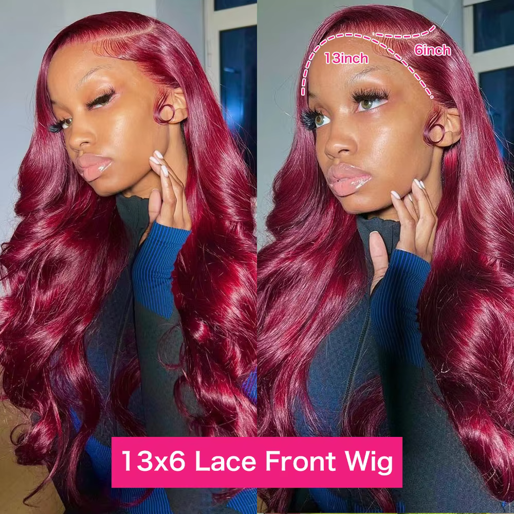 Perruque Body Wave Lace Front Wig Naturelle, Cheveux Humains, Couleur Rouge Bordeaux 99J, Transparen