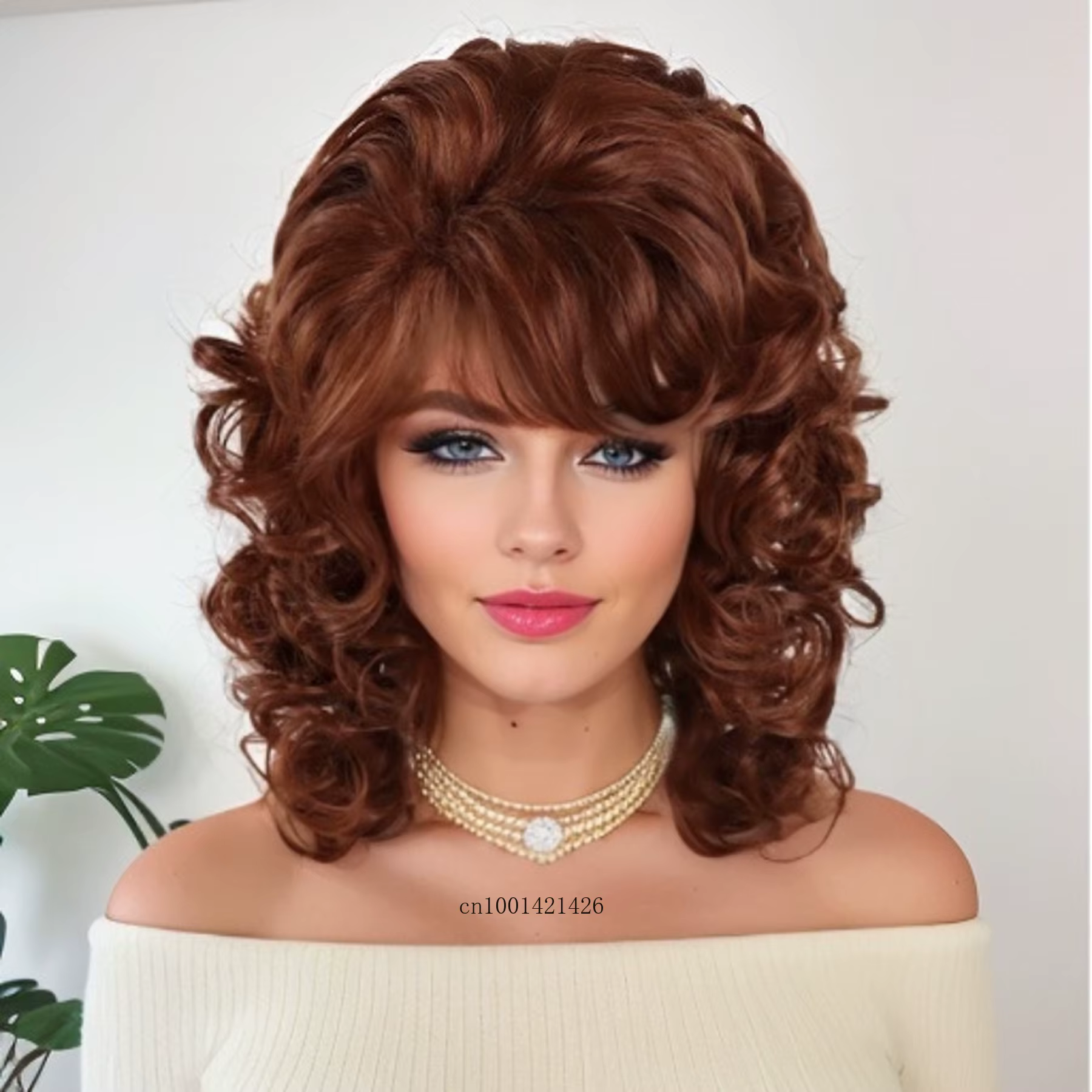 Perruque synthétique brune bouclée volumineuse avec frange pour femme, mèches, ondulations années 80