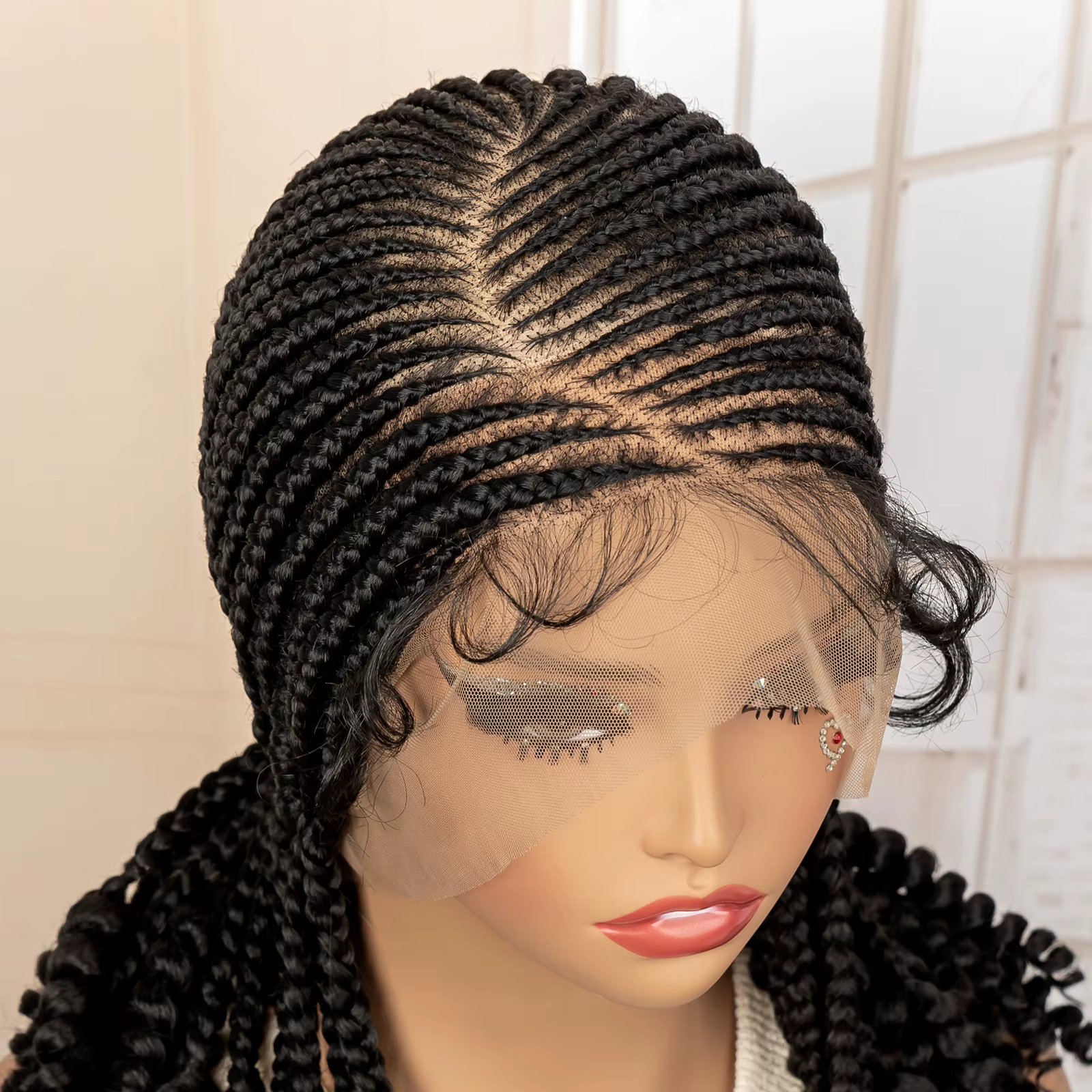 Perruque tressée pleine dentelle avec extrémités bouclées, tresses synthétiques Cornrow pour femmes