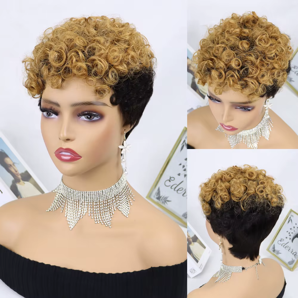 Perruques courtes en cheveux humains, coupe pixie, cheveux bouclés pour femmes, perruque bouclée ent